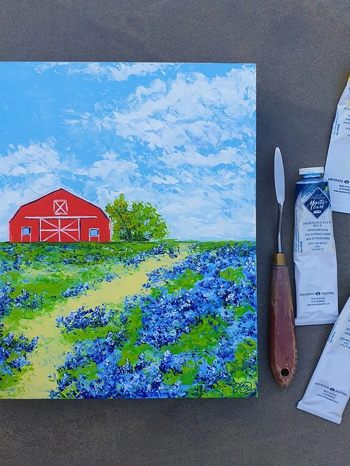 Red Barn Painting Bluebonnet Original Art Floral Wall Art Landscape Artwork