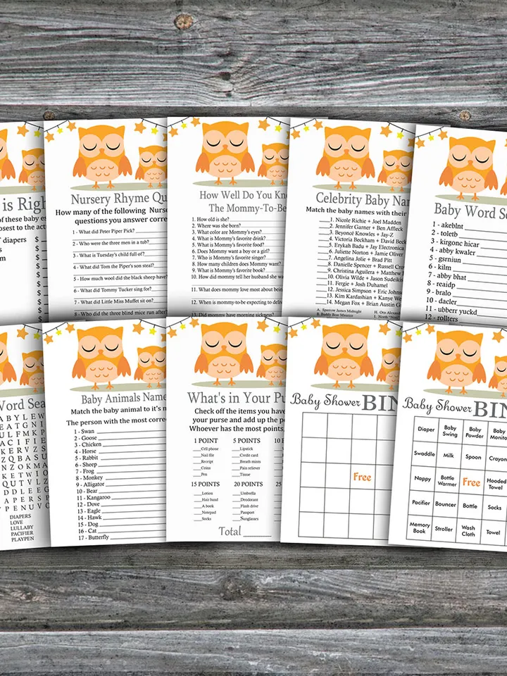 Orange Owl baby shower games bundle,Owl Baby Shower games package,Fun Baby Shower Games,9 Printable Games-366