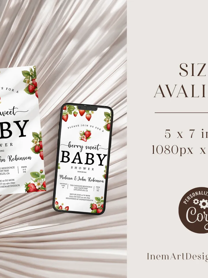 Editable Strawberry Baby Shower Invitation Berry Sweet Baby Shower Invite Berry Sweet Baby Shower Invite Printable BSH001