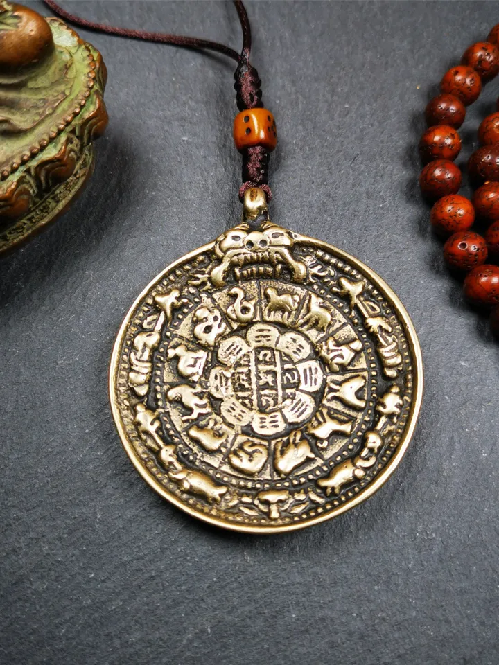 Gandhanra Acient Tibetan Buddhist Amulet,Melong Mirror,Calendar Badge,SIPAHO(srid pa ho),Made of Brass,Unique Kirtimukha Head,2.0"