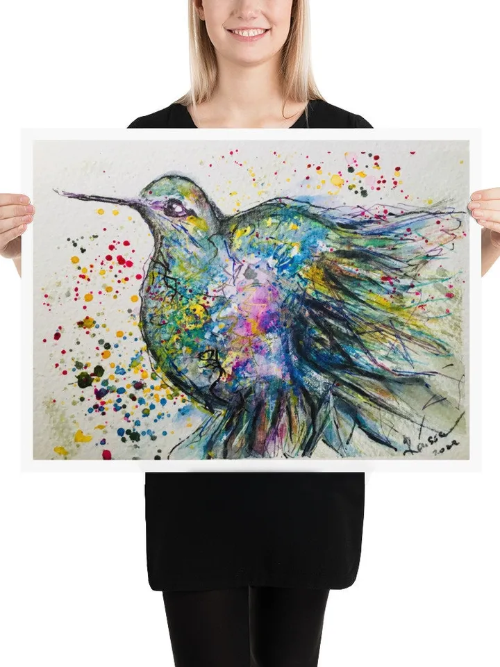 Hummingbird - Photo paper poster made from my original watercolour painting,colourful bird painting wall art