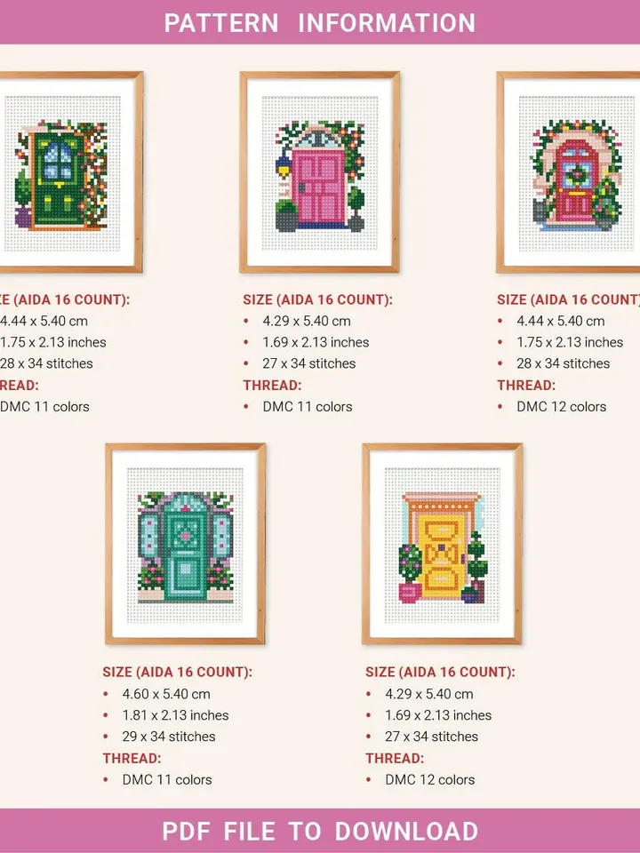 Bundle of 5 Mini Cute doors Cross stitch pattern, contemporary, Abstract, Floral, beginner, modern chart, gift DIY, embroidery, instant PDF