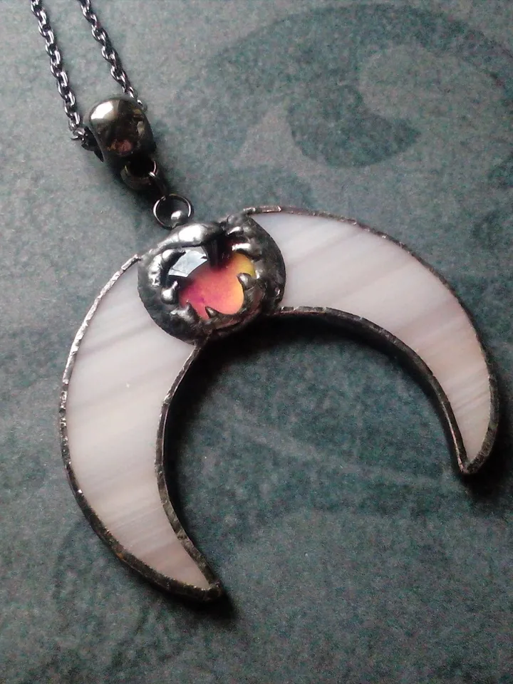 Stained glass moon, Mood stone crescent, Moon phase necklace, Stainglass crescent, Full moon