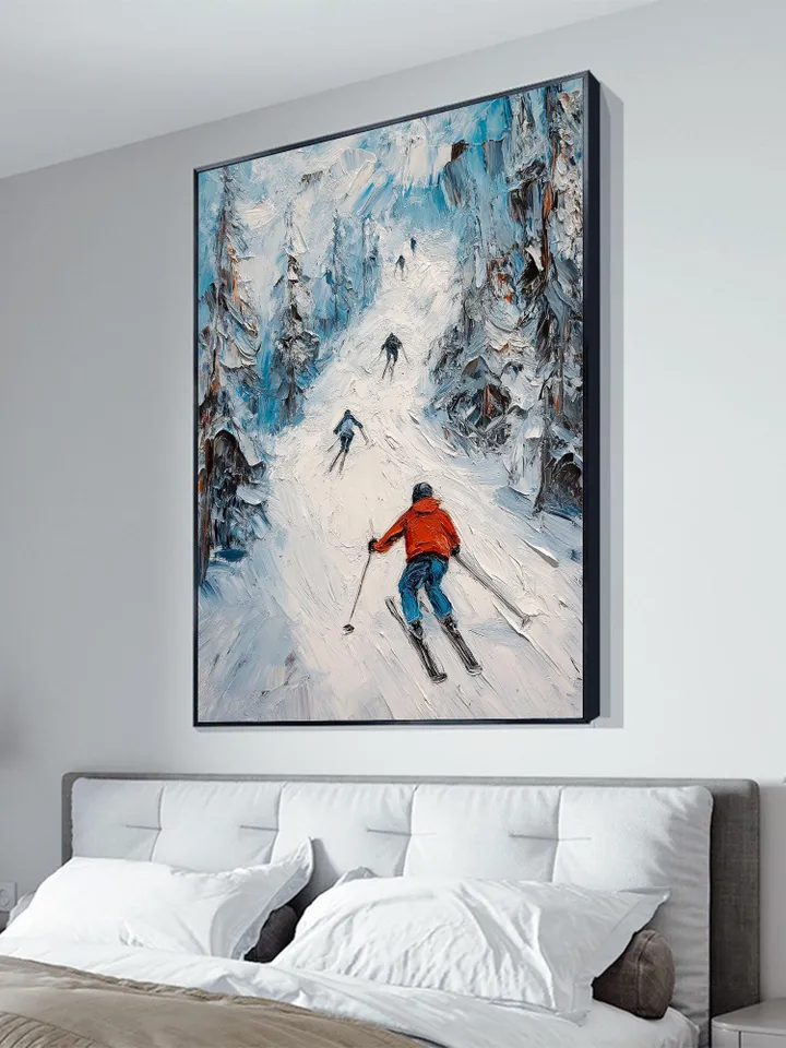 Skiing Painting, Winter Sports Art, Impasto Snow Landscape, Mountain Art, Downhill Skiing, Textured Wall Art, Original Painting,Office Decor