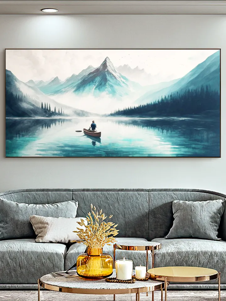 Original Landscape Oil Painting On Canvas, Abstract Snow Mountain Painting, Lake View Art, Boat Painting, Large Wall Art, Living room Decor