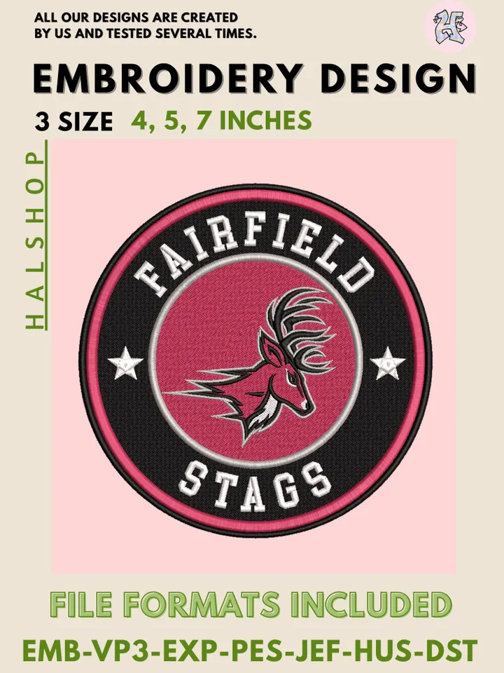 Fairfield Stags NCAA Team Mascot Logo Embroidery Design Files – Classic College Pattern, 3 Sizes Machine Embroidery, Instant Digital Download
