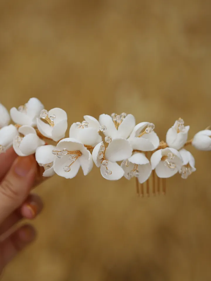Floral Opal Crystal Bridal Hair Comb Earrings Jewelry Set, Wedding hair accessory, Ceramic Flowers Hair Comb, Gold Bridal Hair accessories