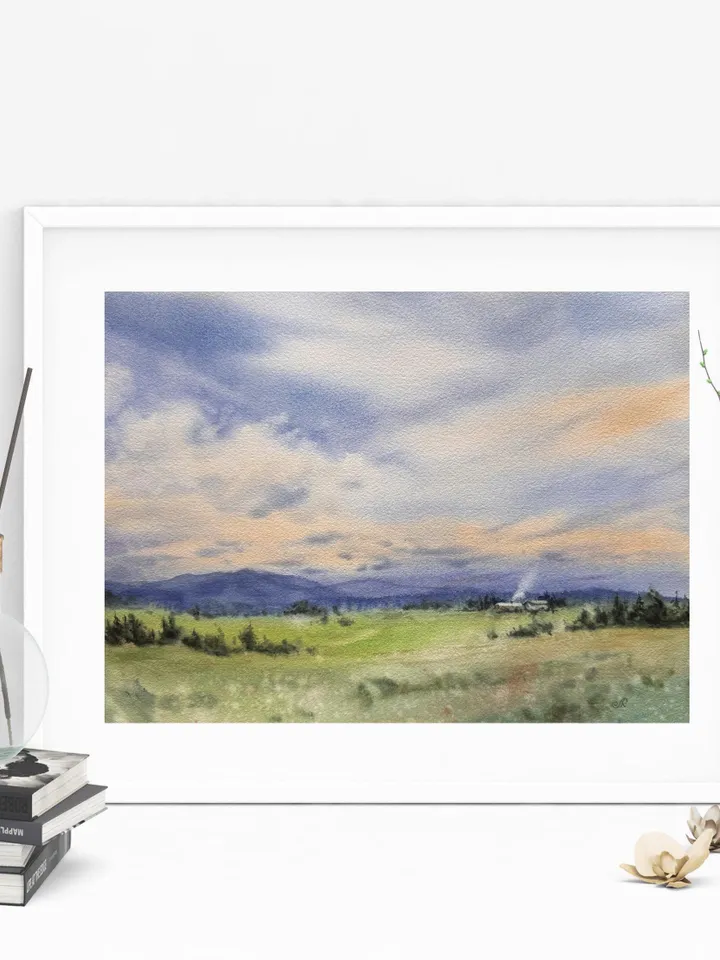Landscape Original Watercolor Painting Fields Painting Meadow Painting