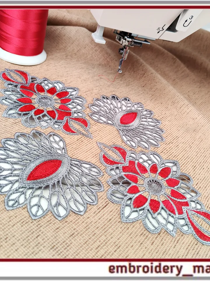 In the hoop Cutwork oriental style flowers, set of 6 elements Machine Embroidery Designs