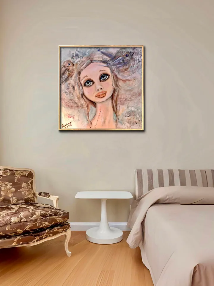 Lucky dreamer- mix media doll and birds painting on stretched canvas,original painting,one of a kind.