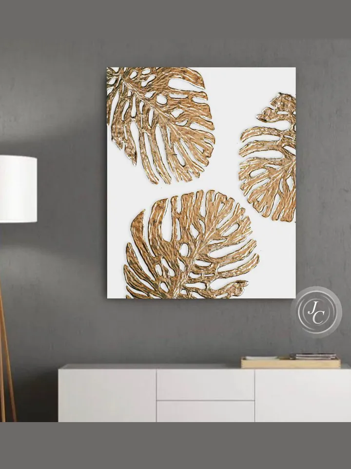 Gold Monstera leaves Painting White and Gold Abstract Wall Art | Botanical Original Art Modern artwork