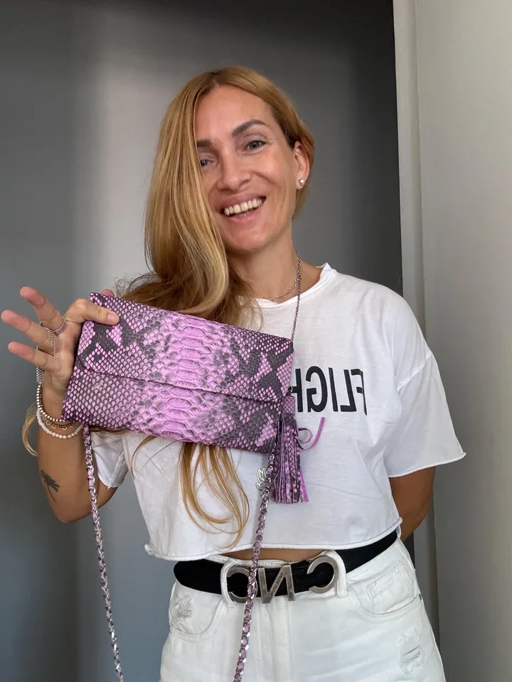 Genuine python skin classy flat clutch with shoulder chain | elegant evening women purse | designer leather bags | small shoulder pink bag