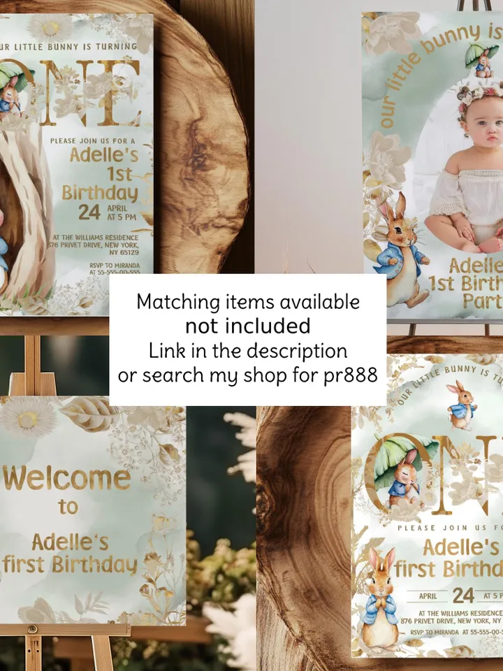 Editable and Printable thank you card template for 1st Baby Birthday party in Peter Rabbit style instant download and unlimited access pr888
