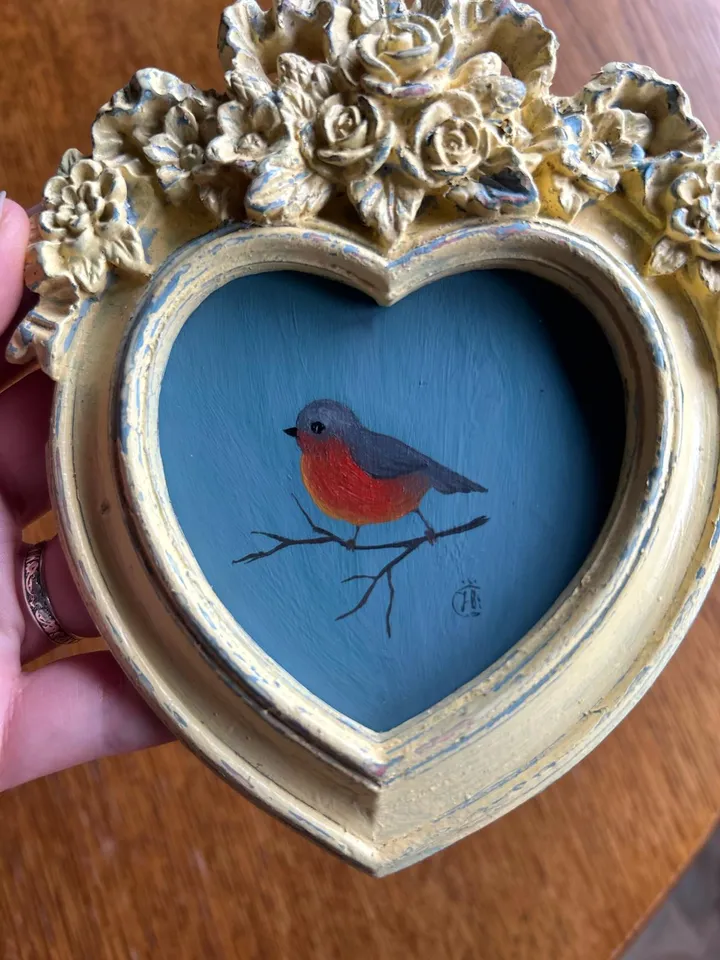 Bird Oil Painting Original In Vintage Style Frame Small Framed Animals Wildlife Art Arch Frame