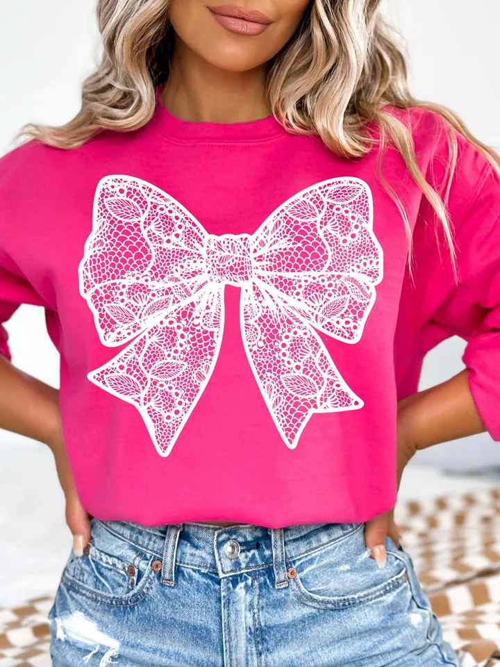 Coquette White Lace Bow PNG Coquette Bow Shirt Design Faux Embroidery Girly Valentines Day PNG Easter PNG Spring Png Mothers Day Girly Png