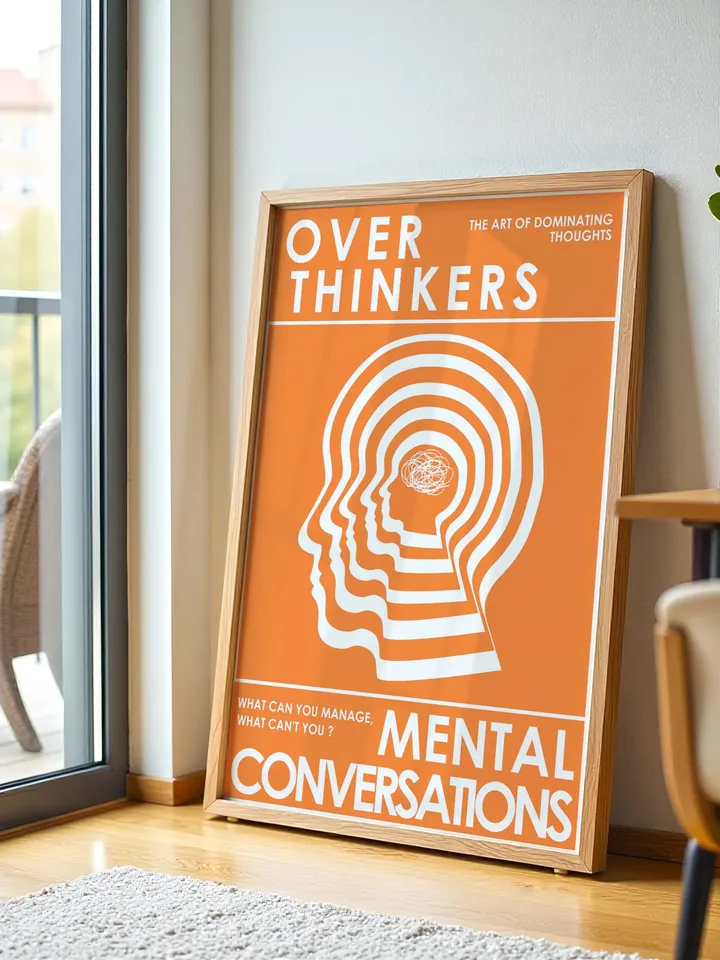 Overthinkers Wall Art Digital Print Retro Style Creativity Poster Eclectic Printable Artwork Trendy Room Decor Instant Download Orange White