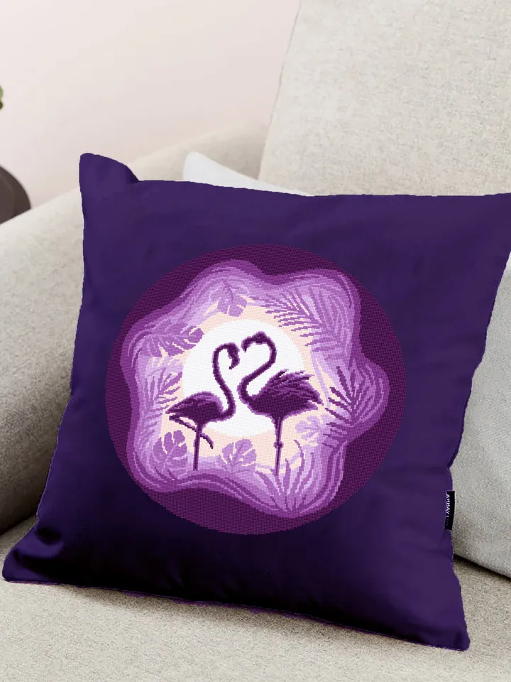 Flamingo cross stitch pattern download PDF, Purple cross stitch birds, Cute flamingo hand embroidery PDF, Tropical leaves cross stitch #L49