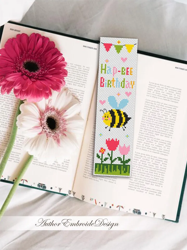 Birthday bookmark cross stitch pattern PDF download Funny bee cross stitch chart, Simple bookmark pattern digital PDF for beginners #B455