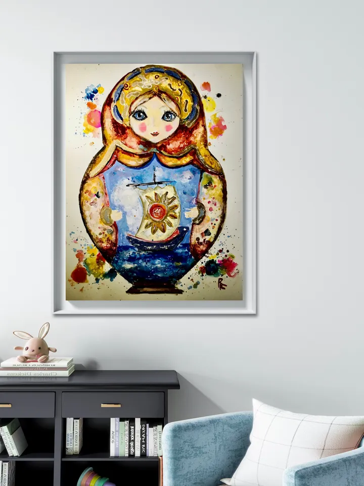 Russian fairytale matryoshka doll painting,original mix media painting on yupo paper,alcohol inks watercolour painting,modern wall art,gift.