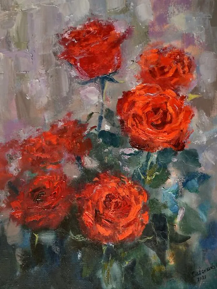 Roses Painting Red Flowers Artwork Floral Canvas Original Art Impressionism 油畫原作