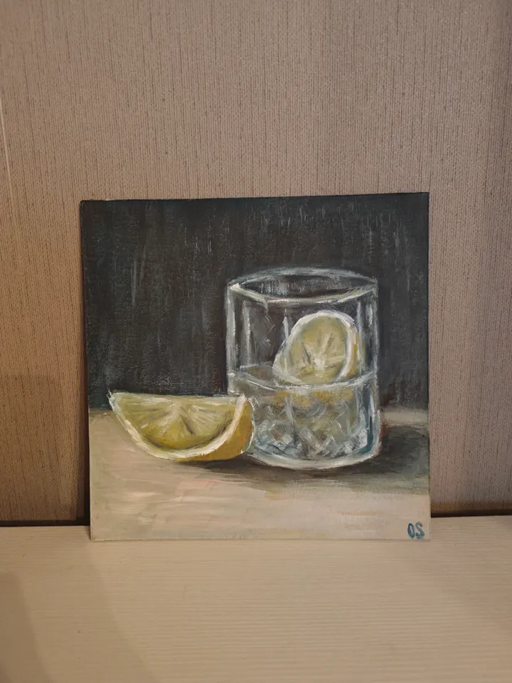 Lemon And Glass Original Painting Fruit Original Art Lemon In Glass Modern Artwork Piece Of Lemon And Glass Oil Painting Fruit Wall Art Decor 8 x 8 inches by OlgaSokolovaArt
