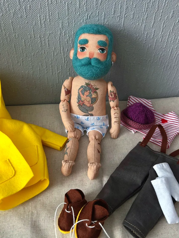 Textile doll sailor with turquoise hair