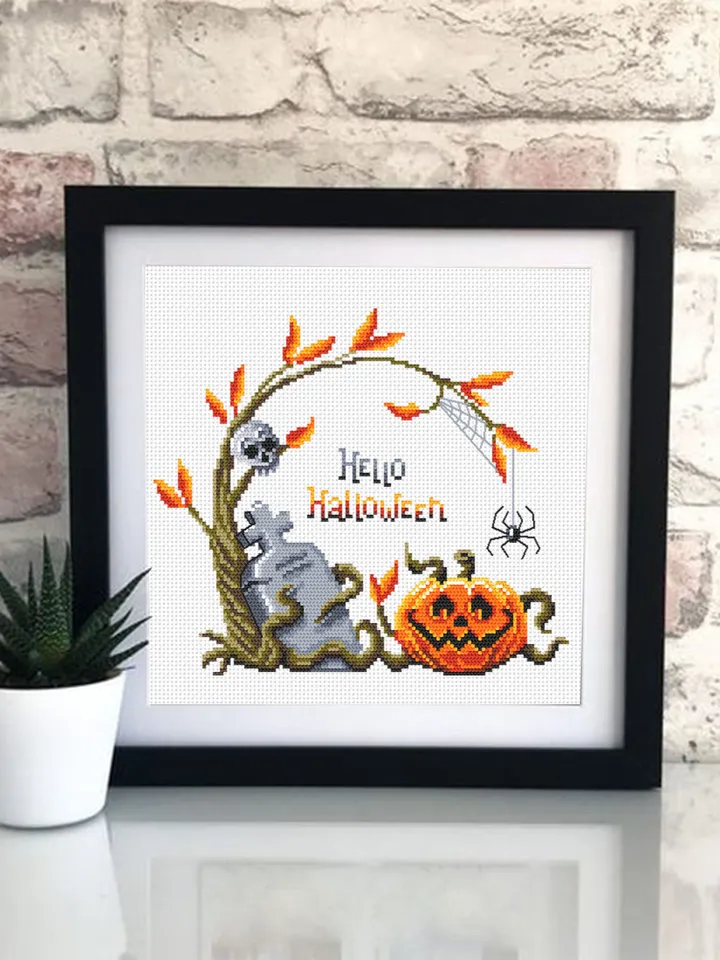 Hello Halloween cross stitch pattern download PDF Pumpkin cross stitch chart, Spooky Halloween pattern digital PDF Fall beginner stitch #H48
