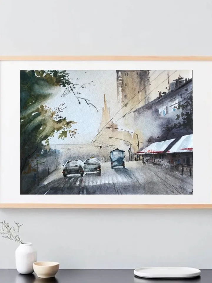 Мorning in the city original watercolour painting wall art hand painted