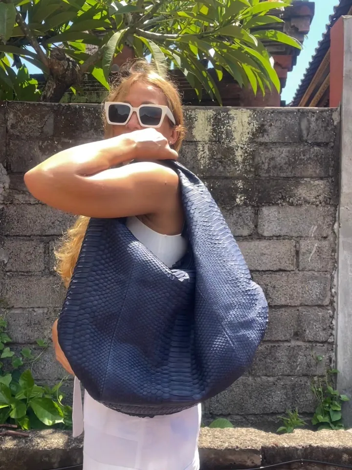 Big Soft Hobo Classy Sport Woman Bag | Purse Genuine Python Skin | Python Skin Products | Blue Big Elegant Leather Designer Soft Bag Snake