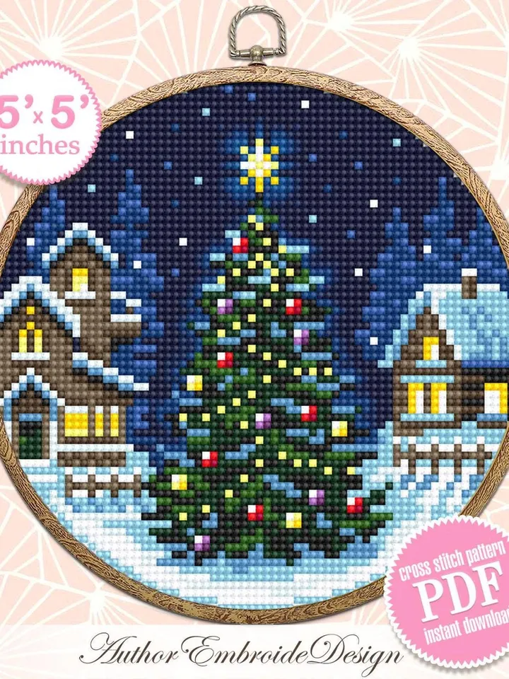 Christmas tree cross stitch pattern PDF download Winter landscape cross stitch chart, Christmas pattern digital PDF, Winter houses #N173