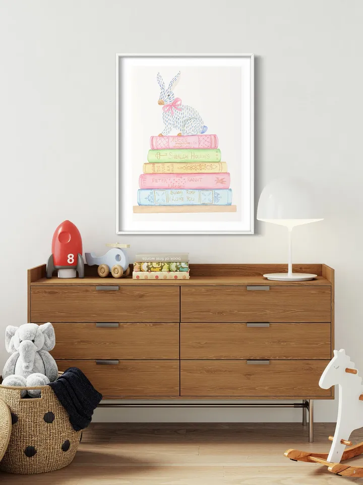 Book And Rabbit Watercolor Painting Print, Gift For Books Lover, Children Book, Book Lover Decor, Stack Of Books,Cute Baby Bunnies Art Print