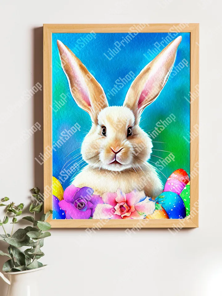 Spring Bunny print Bunny Printable art Bunny with Easter eggs & flowers Digital Easter rabbit wall art Poster instant download