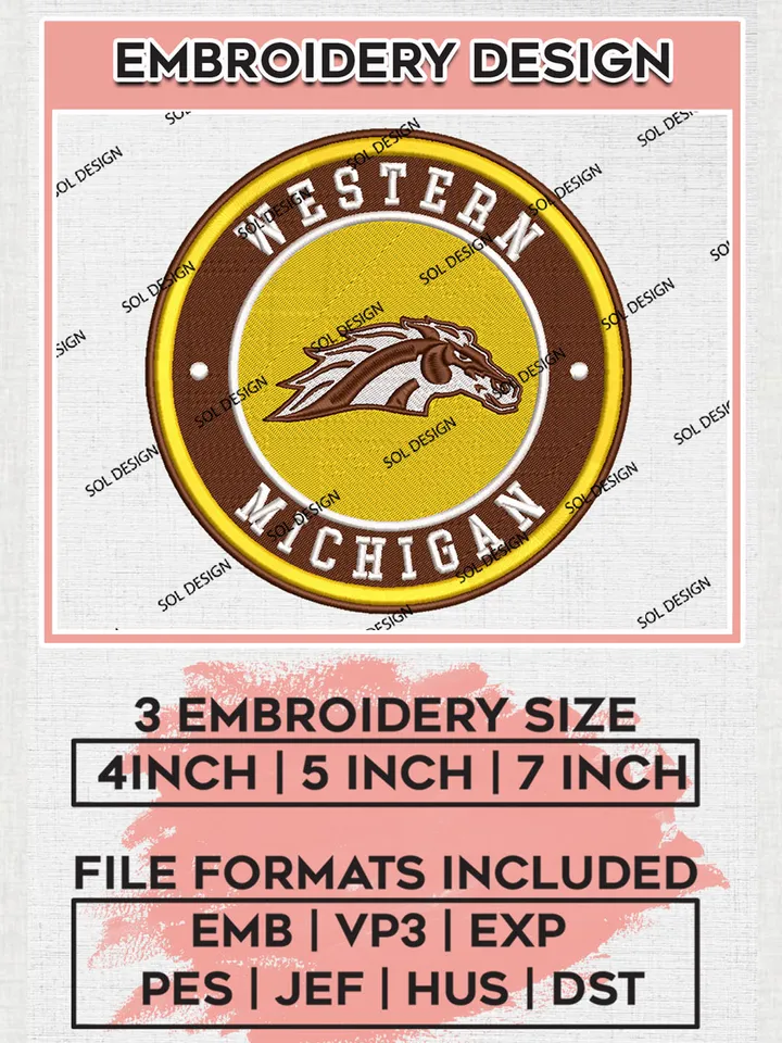 NCAA Western Michigan Broncos Round Logo Embroidery, NCAA Western Michigan Team Logo Embroidery files, NCAA Teams, Machine embroidery designs, Digital Download