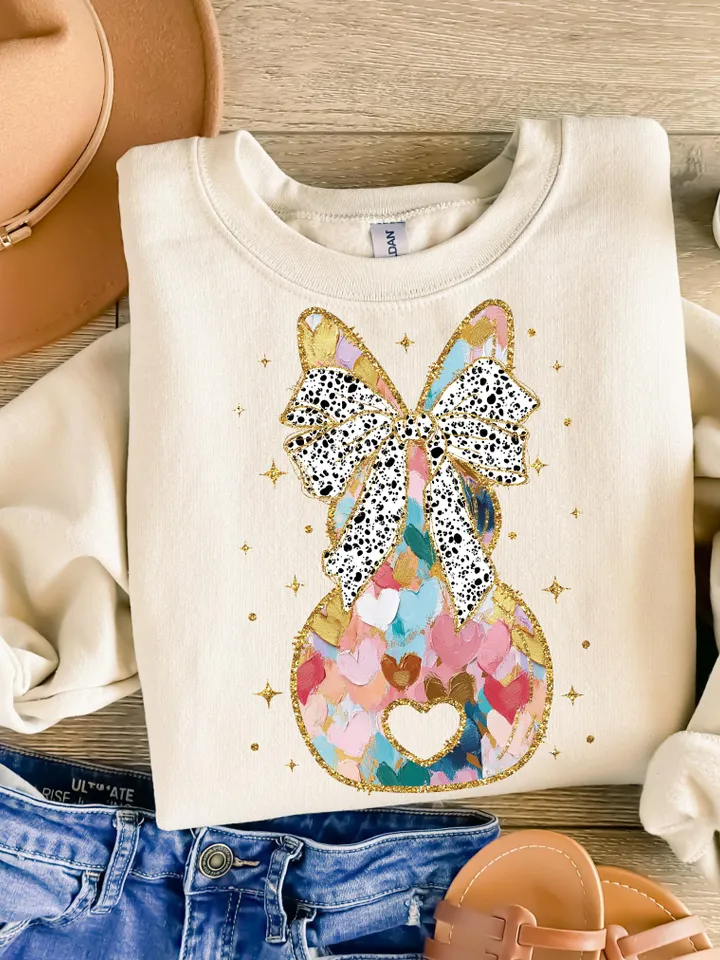 Colorful Coquette gold glitter bunny bow png girls easter coquette design dtf easter girls png kids spring design bow acrylic brushstroke