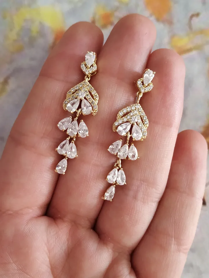 Diamond Gold Wedding Earrings, Vintage Style Bridal Earrings, Teardrop Dangle Stud Zircon Wedding Earrings Art Deco Rose Gold Bridal Jewelry