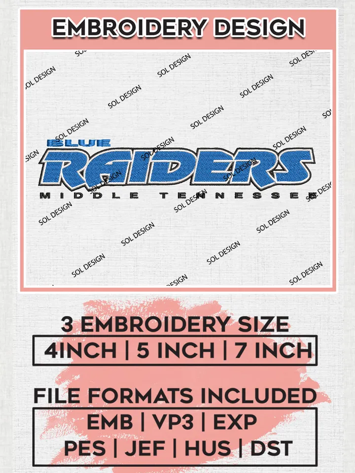 NCAA Middle Tennessee Blue Raiders Team Word Logo Embroidery Design Files, NCAA Middle Tennessee Blue Raiders Machine Embroidery, NCAA Teams, Game Day, 3 sizes, NCAA Machine embroidery designs, Digital Download
