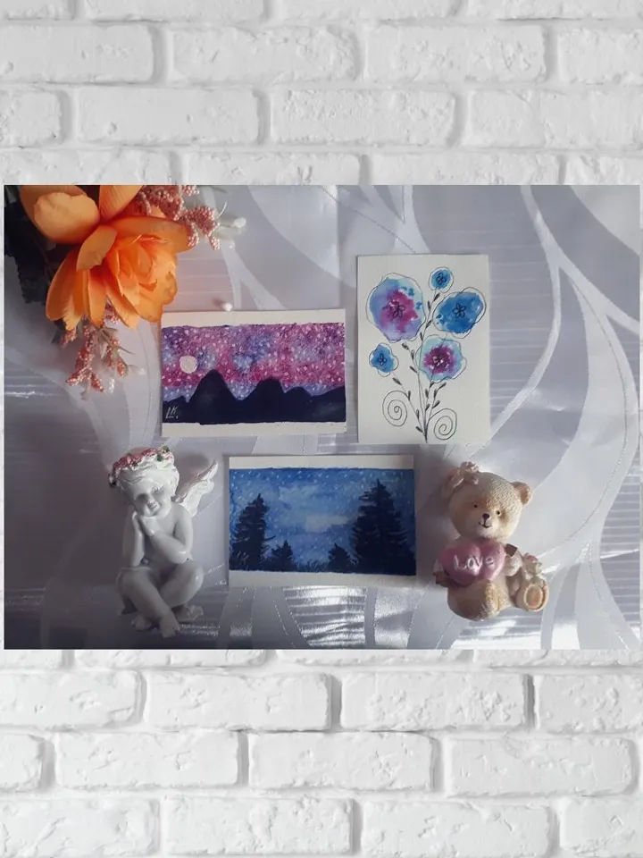 Original Three ACEO Art  Cards, ACEO Painting,  Mountains Art Forest Landscape and Flowers Watercolor