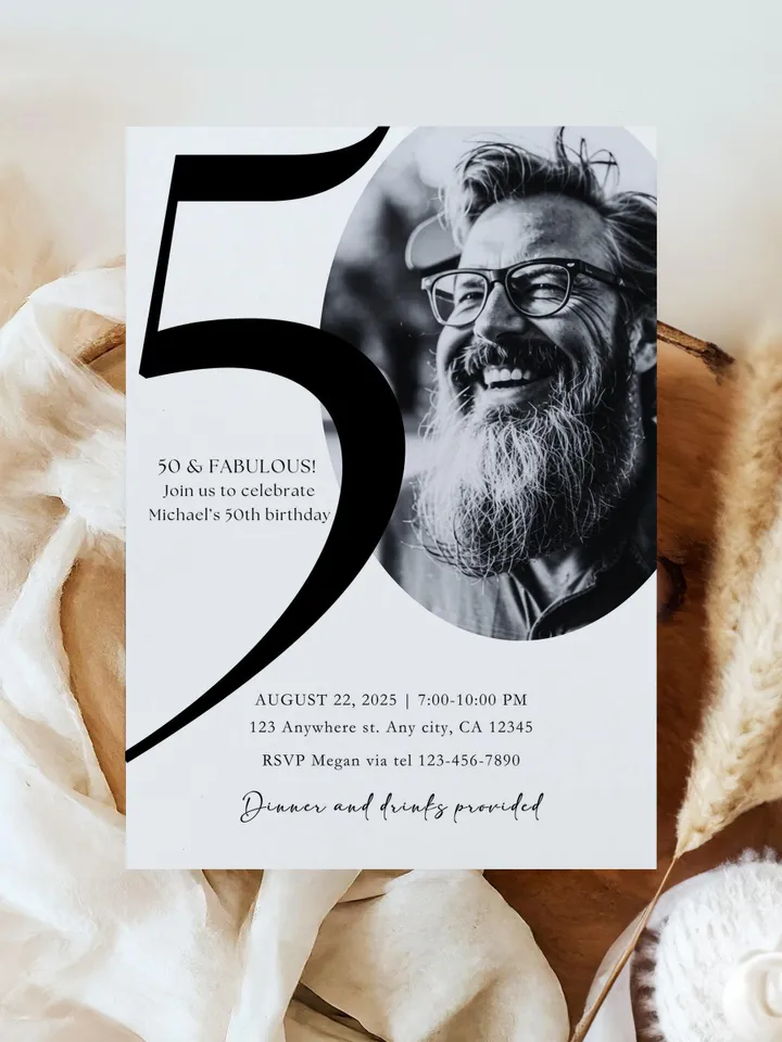 50th Birthday Party Invitation Card, Look Who's 50, Editable 50th Birthday Card Template, Printable Minimalist Birthday Photo Canva Invites