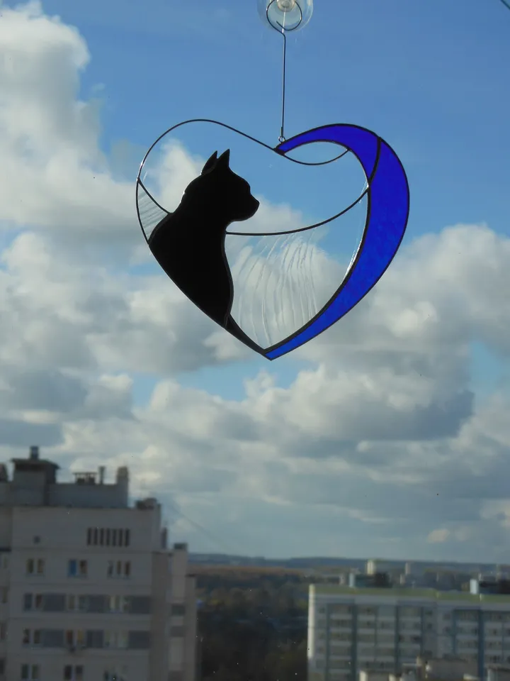 Black Cat in Blue Heart . Art stained glass window hanging Suncatcher . Gift for animal lover , pet loss memorial
