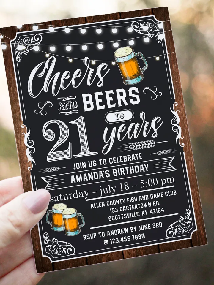 Cheers and Beers to 21 Years Invitation, 21st Birthday Invitation, Editable Adult Birthday Invitation