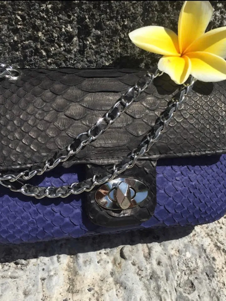 Genuine Python Skin crossbody black and blue bag | Adjustable Chain Classy Elegant Crossbody Small Lady Classy Bag | Python ColorblockPurse
