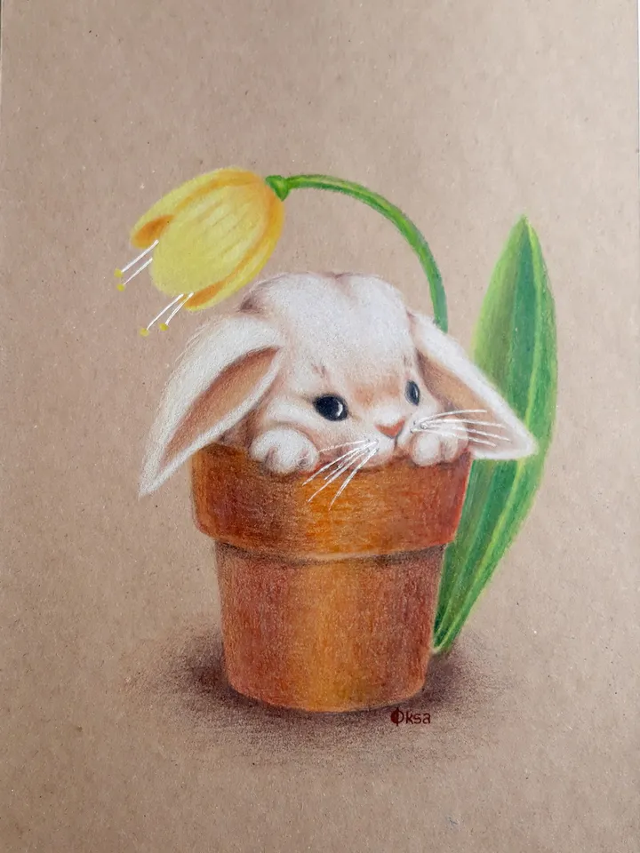 Children's Cute Bunny Painting/Colored Pencils Rabbit Picture/Animal Painting/Bunny Wall Decor Painting for Girls Room/Bunny & Yellow Tulip