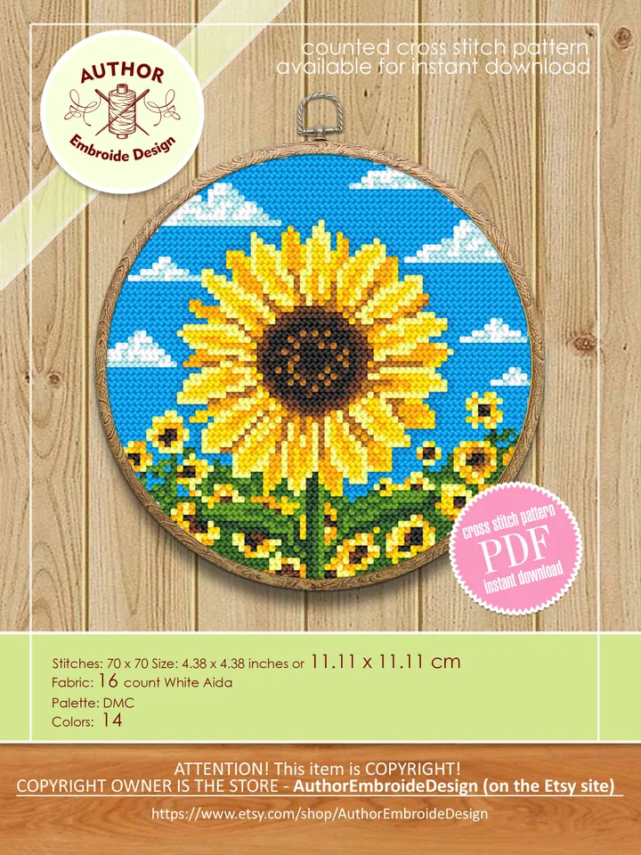 Sunflower cross stitch pattern download PDF, Yellow flowers cross stitch chart, Ukraine sunflower embroidery PDF, Easy beginner stitch #P33