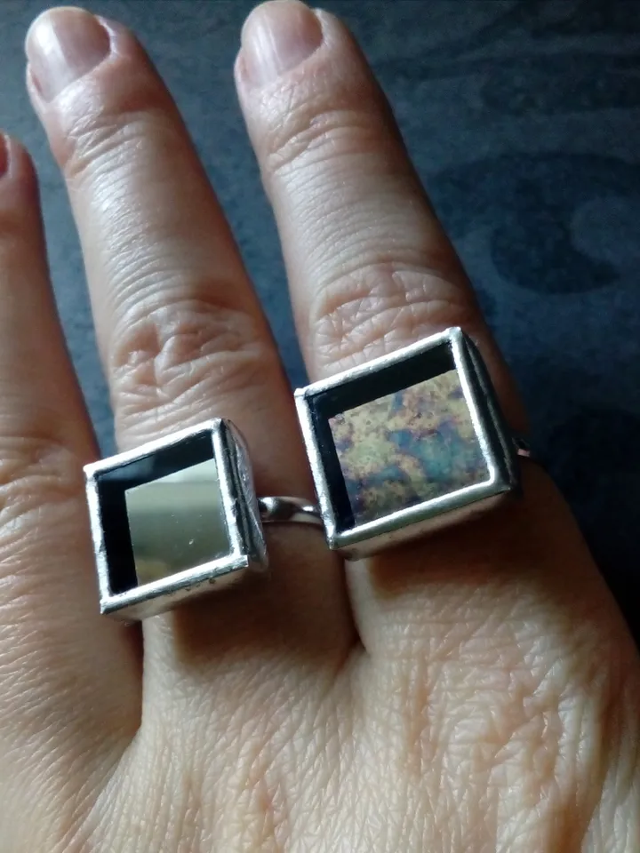 Mirror ring, squar ring, simple stained glass, tin soldered glass ring, old amalgam, scrying mirror ring, glass ring