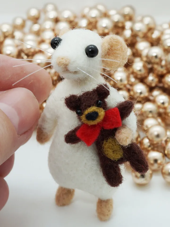 Milo the mouse, miniature needle felted mouse with a Teddy bear toy, made to order