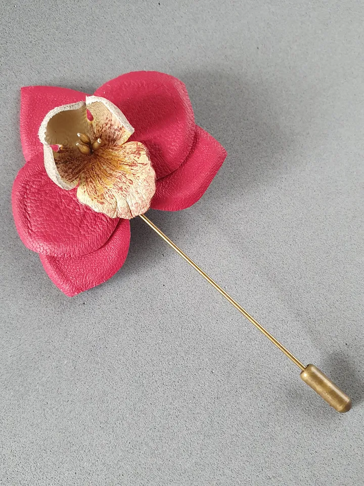 Burgundy orchid men's lapel pin Leather boutonniere for him 3rd anniversary gift, art.35