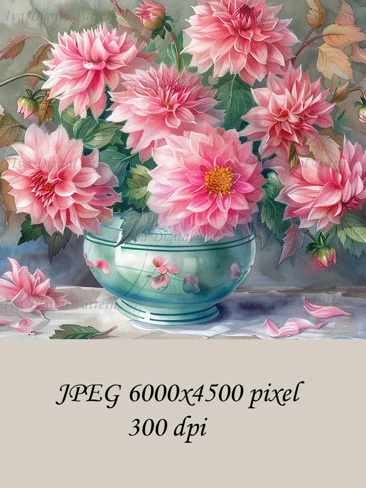 Bouquet of pink dahlias in a vase watercolor drawing, digital illustration, digital painting , wall art decoration. AI
