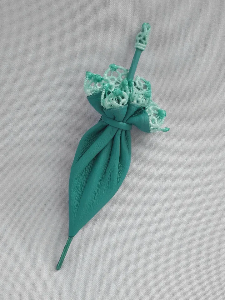 Leather brooch Turquoise umbrella for her , 3rd anniversary gift for wife, Leather women's jewelry