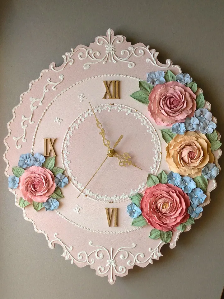 Wall clock with roses and hydrangea in shabby chic style Pink flower clock Handmade clock Silent clock for bedroom, living room or nursery Gift for Christmas, Birthday, Mother's Day, Wedding, Housewarming