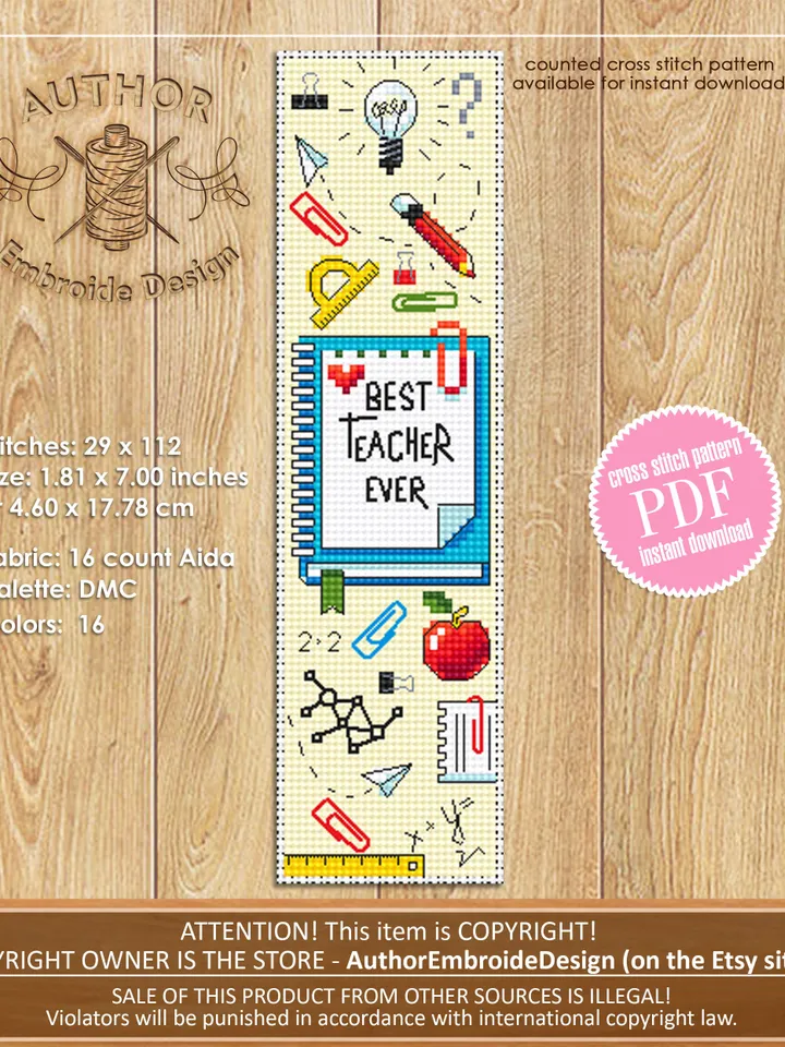 Teacher Bookmark set cross stitch pattern PDF download Best teacher ever, Handmade bookmark pattern digital PDF, Teachers day gift #B354